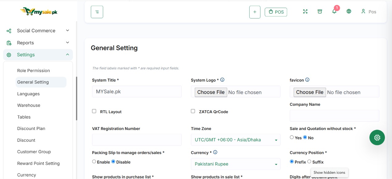 MySale.pk business settings