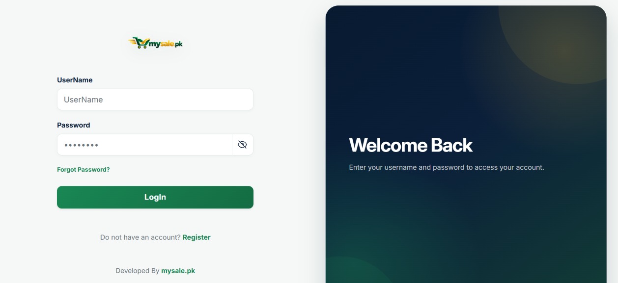 MySale.pk login screen