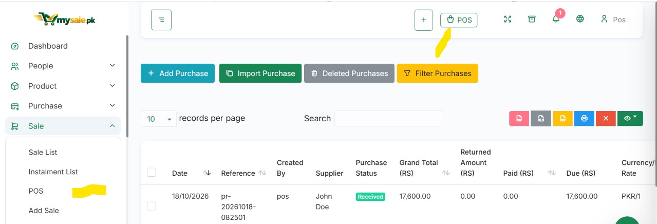 MySale.pk POS navigation