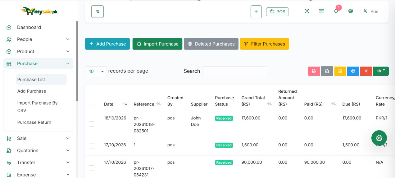 MySale.pk purchase entry screen